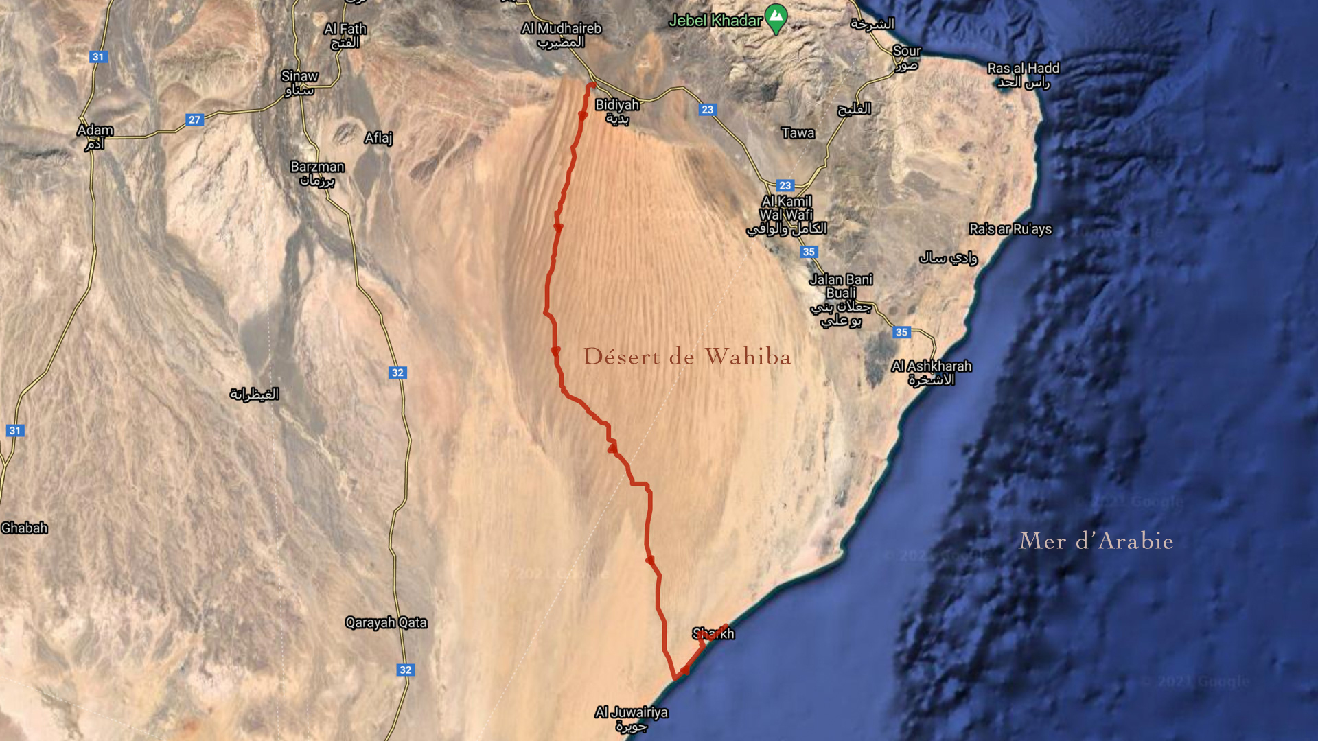 carte de la traversée d'Oman à fat bike