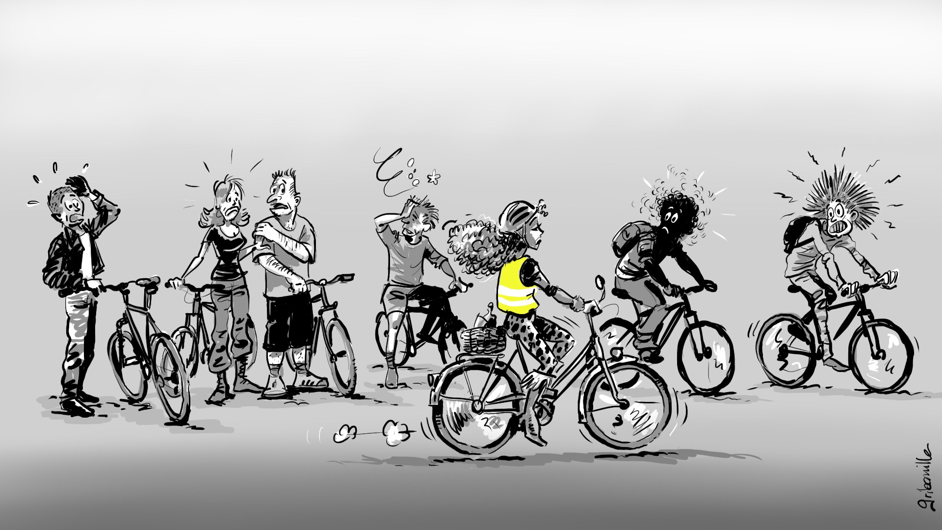 dessin humoristique gilet jaune à vélo