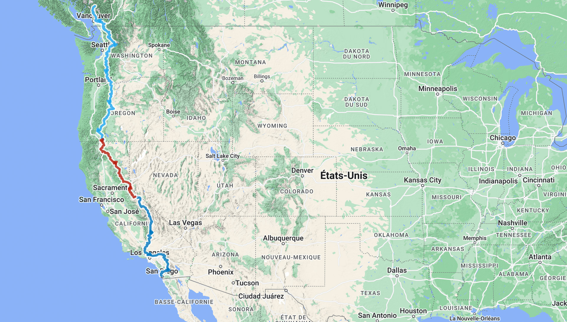 carte de la traversée intégrale de l'Ouest des Etats-Unis à VTT